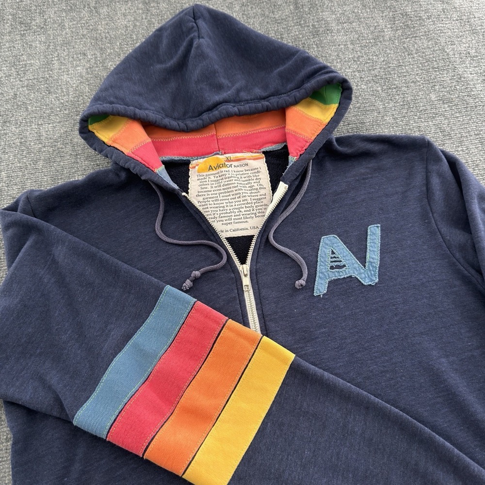 Aviator Nation Signature Rainbow Hoodie Unisex XL Navy Zip Front Rare